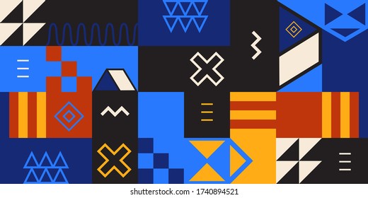 Retro colorful geometric shapes. Abstract pattern, rounded shapes, sharp angles, contrasting colors. Cubism, Constructivism, and Suprematism. Vector, bright and trendy illustration.