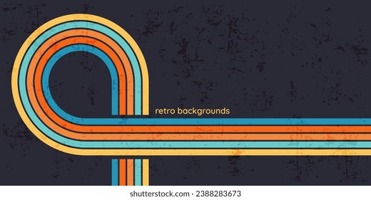 Retro colorful grunge backdrop with bright stripes, groovy background with scuffed dirty texture, old style abstract and empty banner. Vector illustration.