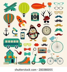 Retro Colorful Icon Set. Hipster Style. Vector Illustration. Vintage Cute  Air Transportation, Bikes, Objects, Mustaches