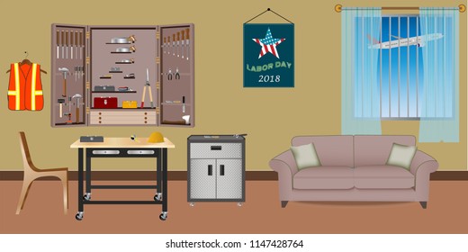 Retro colorful Labor living room interior design. Flat style vector illustration .