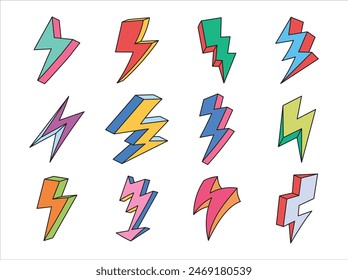 Retro Colorful Lightnings Illustration Set