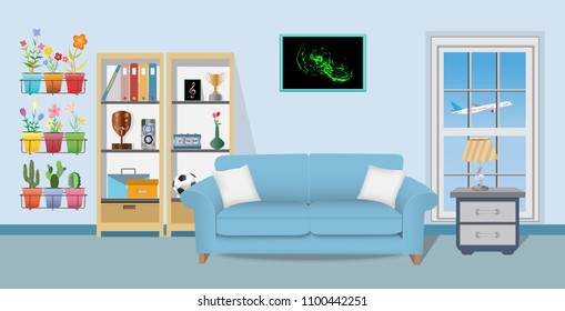 Retro colorful living room interior design. Flat style vector illustration