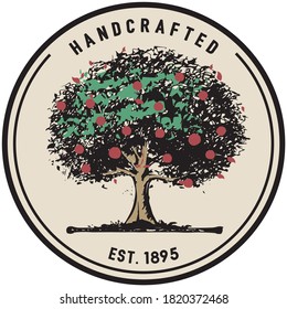 Retro colorful logo illustration of an apple tree .Original hand drawing. 