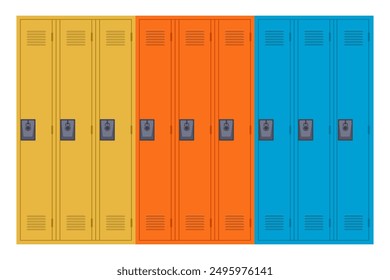 Retro coloridas taquillas de la escuela larga con puertas cerradas. Vertical de almacenamiento de metal para estudiantes o armario deportivo para gimnasio. Ilustración vectorial