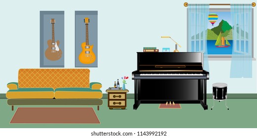 Retro Colorful Music Living Room Interior Design. Flat Style Vector Illustration .