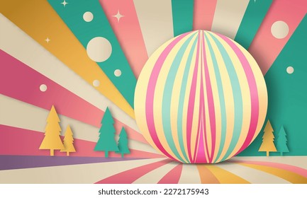 Retro Colorful Paper Rays Background With Trees, Large Egg Shape.