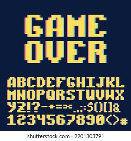 Retro-farbiges Pixelalphabet in großen Mengen