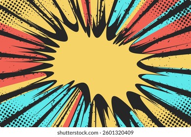 Retro colorful radial halftone comic book-style action line background. Speed abstract explosive polka, fast boom zoom, manga comics action design frame. Vector illustration
