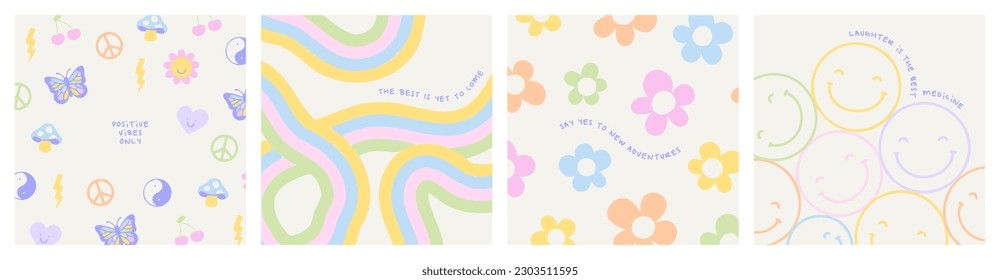 Retro colorful rainbow doodle cartoon illustration set with happy inspiration quote. Trendy vintage hippie art style background collection. Curvy pastel color Y2K fashion print.