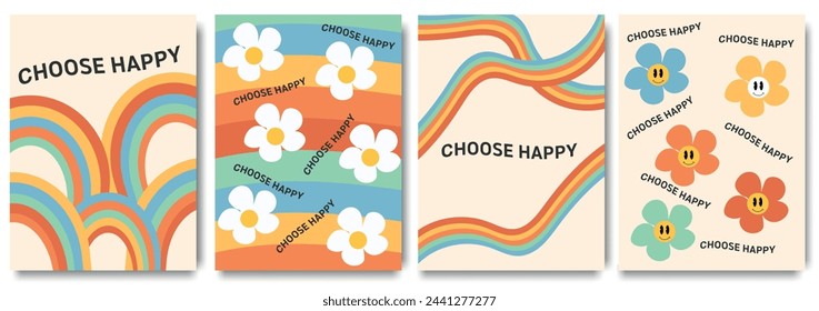 Retro colorful rainbow doodle cartoon illustration set with happy inspiration quote and flower daisy. Trendy vintage hippie art style background collection. Curvy pastel color Y2K fashion print.