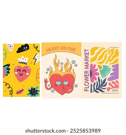 Retro colorful rainbow doodle cartoon illustration set with happy inspiration quote. Trendy vintage hippie art style background collection. Curvy pastel color Y2K fashion print.