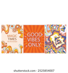 Retro colorful rainbow doodle cartoon illustration set with happy inspiration quote. Trendy vintage hippie art style background collection. Curvy pastel color Y2K fashion print.