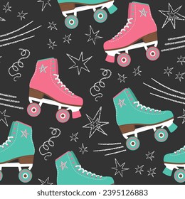 Retro colorful roller skates and chalk elements