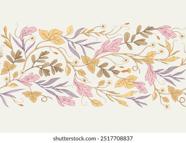 Retro colorful seamless horizontal border with detailed various foliage, intricate details and delicate forms. Elegant botanical rustic design elements. Hand drawn vintage vector illustration