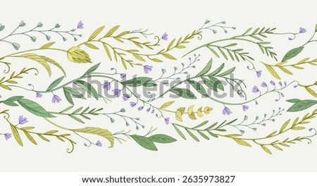 Retro colorful seamless horizontal border with detailed various foliage, intricate details and delicate forms. Elegant botanical rustic design elements. Hand drawn vintage vector illustration.
