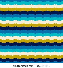 Retro colorful seamless pattern. Abstract geometric background. Olive green, turquoise, beige and blue wavy horizontal stripes 