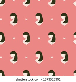 Retro Colorful seamless Pattern with Beautiful Long haired Girl Profiles can be used for Background and Apparel Design
