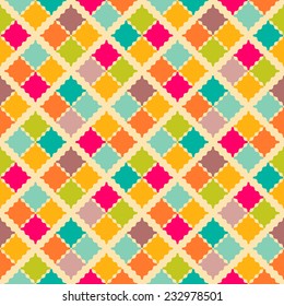 Retro colorful seamless pattern. Vector illustration for funny bright background. Happy kid design. Mosaic style. Rhombus shapes with wave edges.