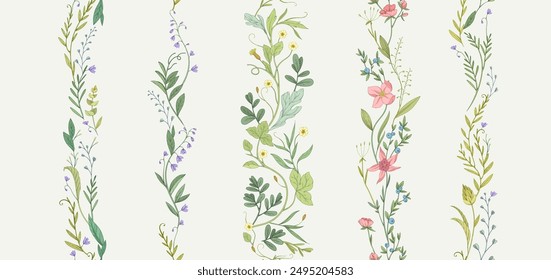 Retro colorful seamless vertical border with detailed various foliage, intricate details and delicate forms. Elegant botanical rustic design elements. Hand drawn vintage vector illustration