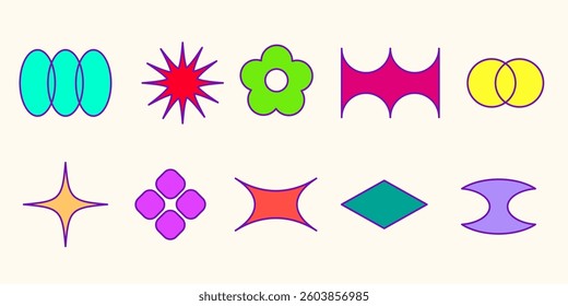 Retro colorful shape set in y2k style - overlapping ovals, flower and star, curved diamond frame elements. Simple flat geometric figures with bright colors fill for funky inspired graphic design.