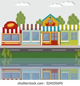 Retro colorful shopping street. Bakery shop building facade with signboard. Flat style illustration or icon. Water reflection.