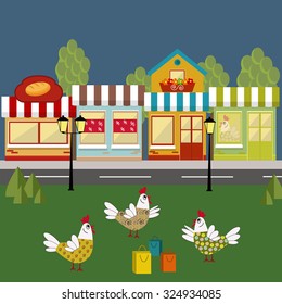 Retro colorful shopping street. Bakery shop building facade with signboard. Cute abstract hens with shopping bags. Colorful chicken with percent icon on a label. White background
