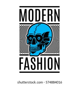 Retro colorful skull. Print for t-shirt. Bizarre dead head.