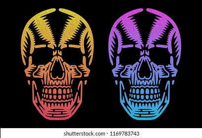 Retro colorful skulls. Print for t-shirt. Bizarre dead head.