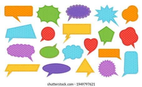 Des bulles de discours rétro colorées et arrangées. Collection cloud de messages de dialogue de discussion de style vintage. Différentes formes la bannière de bulle de zone de texte vierge. Cadre d'étiquette de devis pour la question, la réponse, la publicité