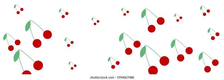 Retro Colorful Spring Green Vitamin Print Berries Pattern Background. Vintage Sweet Textile White Repeat Red Healthy Cherries Ornament. Summer Organic Fruit Tasty Cute Dessert Bright Background.