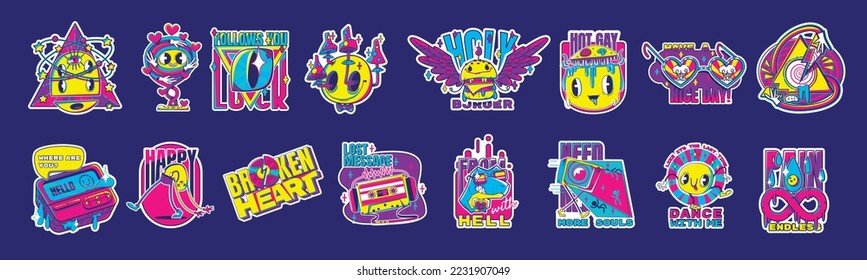 Retro colorful stickers, rave psychedelic icons with mushrooms, vintage cassette, pager, dinosaur, burger and infinity sign. Comic patches, vector cartoon set isolated on background