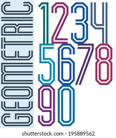Retro colorful tall geometric numbers with parallel double lines, decorative poster letters.