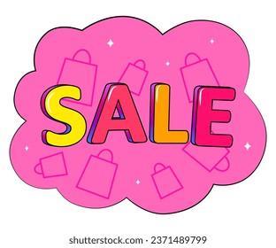 Retro colorful text Sale with shopping bags on a pink background. Vector illustration.