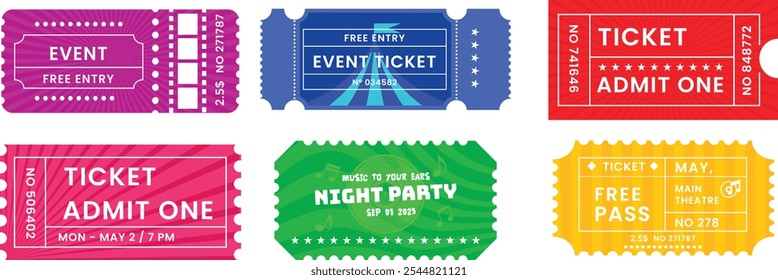 Retro Colorful Ticket Design for Carnival, Festival Vector Set