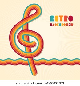 Retro colorful treble music clef symbol. Music key disco style stripes wave lines, vintage poster art, grungy abstract background in 70s style design, flat design template.