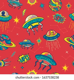 Retro Colorful UFO Invader in the Space Galaxy Seamless Pattern. Background Wallpaper