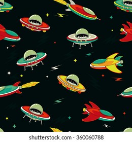 Retro colorful ufo spaceship seamless vector pattern.