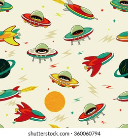 Retro colorful ufo spaceship seamless vector pattern.