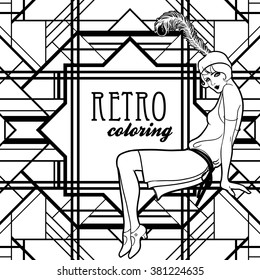 Retro coloring book for kids and adults: retro women of twenties. Vector illustration. Flapper girl 20's style. Retro party invitation design template. Black outlines isolated on white.