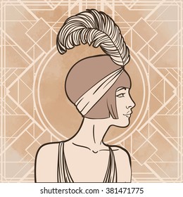 Retro coloring book for kids and adults: retro women of twenties. Vector illustration. Flapper girl 20's style. Retro party invitation design template. Black outlines isolated on white.