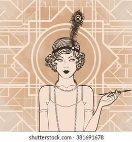 Retro coloring book for kids and adults: retro women of twenties. Vector illustration. Flapper girl 20's style. Retro party invitation design template. Black outlines isolated on white.