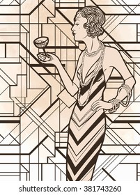 Retro coloring book for kids and adults: retro women of twenties. Vector illustration. Flapper girl 20's style. Retro party invitation design template. Black outlines isolated on white.