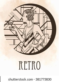 Retro coloring book for kids and adults: retro women of twenties. Vector illustration. Flapper girl 20's style. Retro party invitation design template. Black outlines isolated on white.
