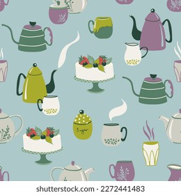 Retro colors ceramic's seamless pattern. Cute repeating background with tableware and cake. Crockery and sweet treat.  Hand drawn vector illustration for wallpaper, textile, wrapping paper.
