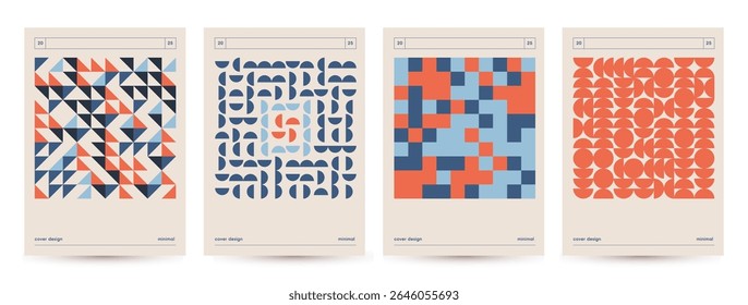 Retro colors covers or posters template with geometric pattern , vector abstract circle, triangle and square art. Trendy bauhaus pattern backgrounds op-art collection. Vector