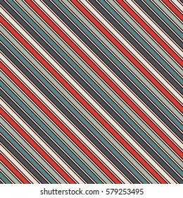 Retro colors diagonal stripes abstract background. Thin slanting line wallpaper. Seamless pattern with simple classic motif. Digital paper for scrapbook, textile print, page fill. Vector illustration