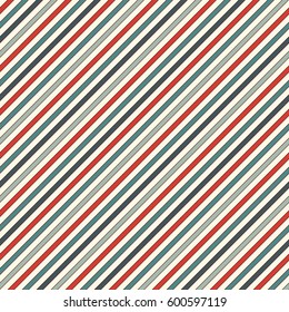 Retro colors diagonal stripes abstract background. Thin slanting line wallpaper. Seamless pattern with simple classic motif. Digital paper for scrapbook, textile print, page fill. Vector illustration