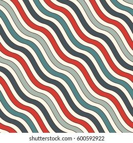 Retro colors diagonal wavy stripes seamless pattern. Blue and red repeated line wallpaper. Abstract background with simple classic motif. Digital paper, textile print, page fill. Vector illustration