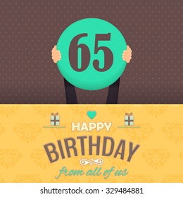 Retro Colors Flat Style Happy Birthday Vector Design. Announcement and Celebration Message Poster, Flyer Age 65