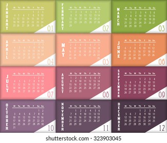 Retro Colors Full Calendar Template 2016 - Week Starts Sunday 